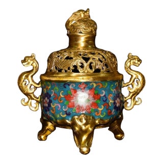 Vintage Cloisonne Enamel Incense Burner – 9.8" Gilt Dragon Censer With Pierced Lid For Sale