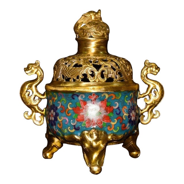 Vintage Cloisonne Enamel Incense Burner – 9.8" Gilt Dragon Censer With Pierced Lid For Sale