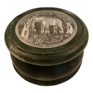 Round Green Wood Box With Elephant Tin Accent For Sale