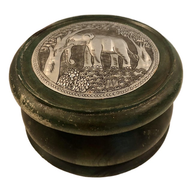 Round Green Wood Box With Elephant Tin Accent For Sale
