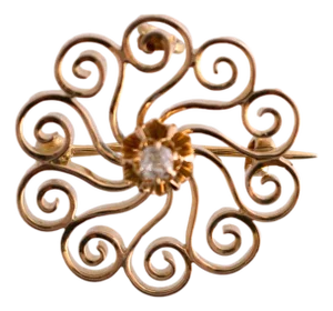 Late 19th Century 14k Yellow Gold .10 Carat Old Mine Cut Diamond Victorian Swirl Pin/Pendant