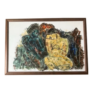 1970’s Original African American Artist Calvin Waller Burnett Abstract 3 Nudes Painting For Sale