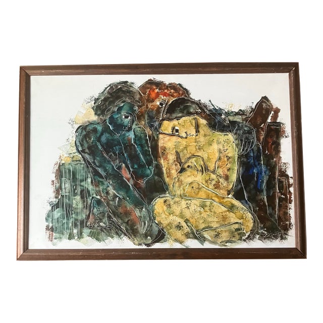 1970’s Original African American Artist Calvin Waller Burnett Abstract 3 Nudes Painting For Sale