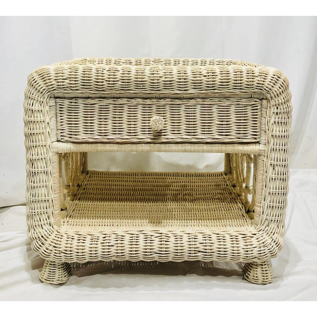 Wood Vintage Hollywood Regency Style Woven Wicker Bedside Table For Sale - Image 7 of 11