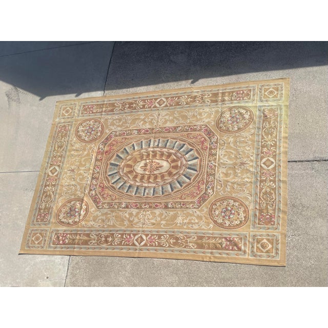 Rustic European Aubusson Flatweave Rug in Gold, Beige-Brown & Blue Florals For Sale - Image 3 of 12