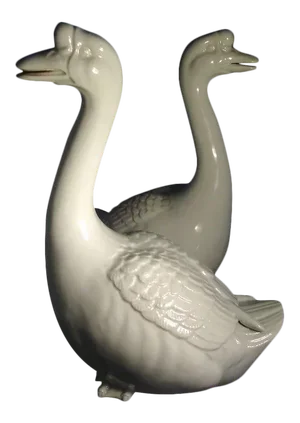 Antique Japanese Kutani Porcelain Models of Geese in Blanc de Chine Glaze- a Pair
