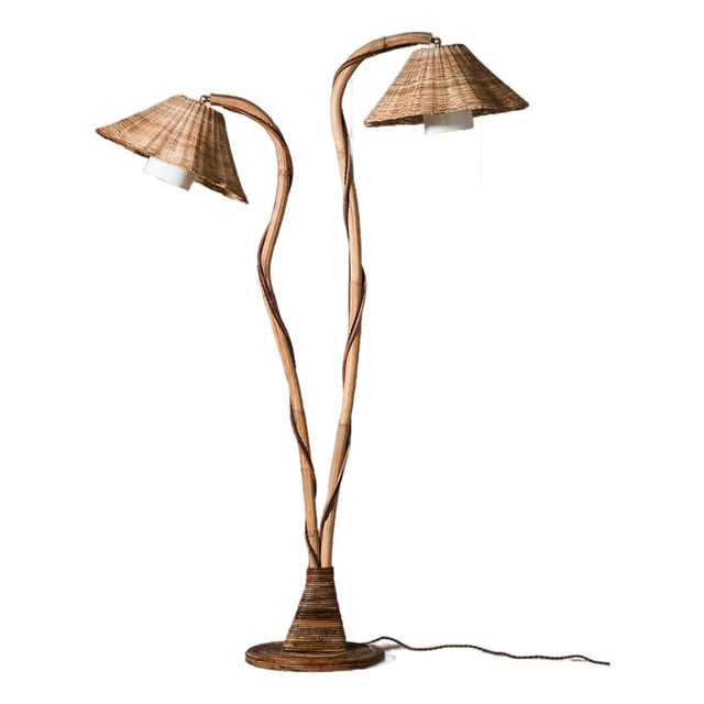 Thalia Double Rattan Floor Lamp With 2 Adjustable Woven Floral Conical Shades For Sale