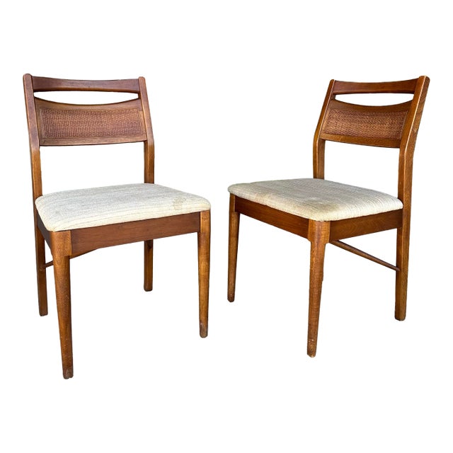 Mid 20th Century Pair of American of Martinsville Mid Century Walnut Cane Back Dining Chairs For Sale
