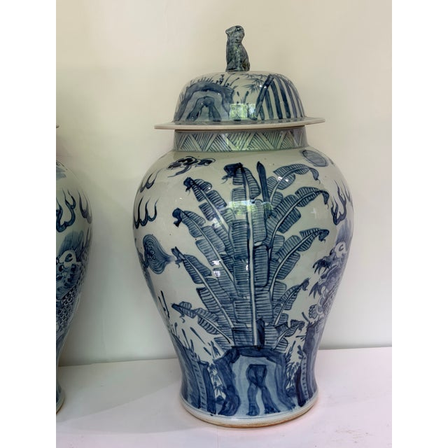 Pair Monumental Blue & White Chinese Porcelain Covered Dragon Temple Jars With Foo Dog Finials, 23” H For Sale In Chicago - Image 6 of 12