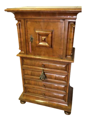 Swiss Circassian Walnut Cupboard Cushion Molded Door Four Drawers Bun Feet Narrow Storage