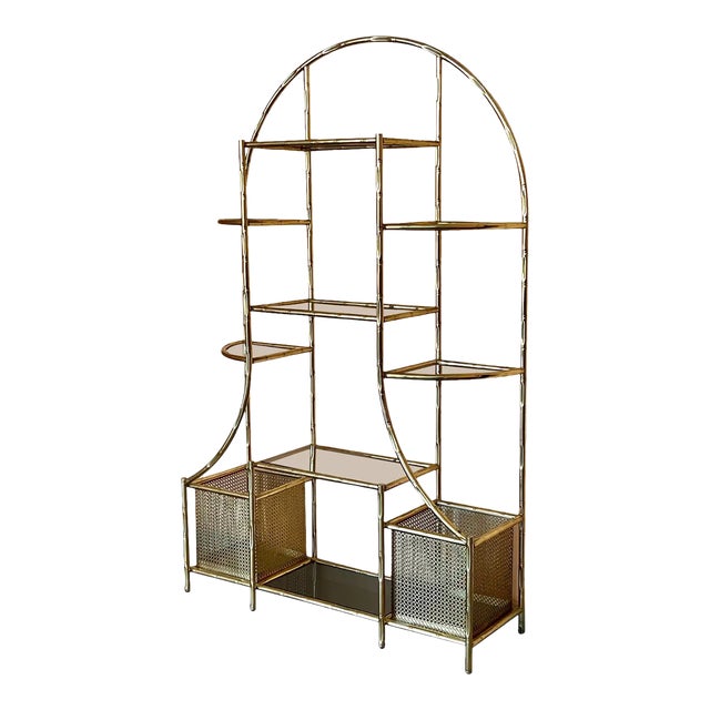 1970s Brass Faux Bamboo Glass Display Unit Hollywood Regency 1980s For Sale