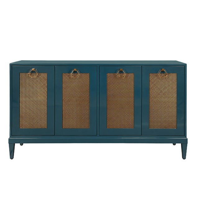 Wood Matthew Izzo Home Marcella Glossy Teal Lacquer Four Door Buffet With Brass Mesh Doors and Acrylic Door Pulls For Sale - Image 7 of 7