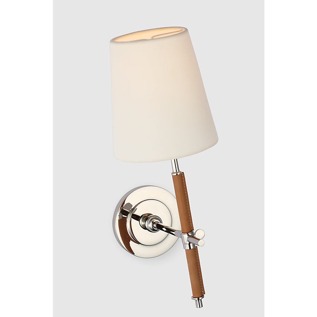 Modern Thomas O'Brien for Visual Comfort Signature Bryant Wrapped Sconce in Polished Nickel and Natural Leather with Linen Shade For Sale - Image 3 of 6