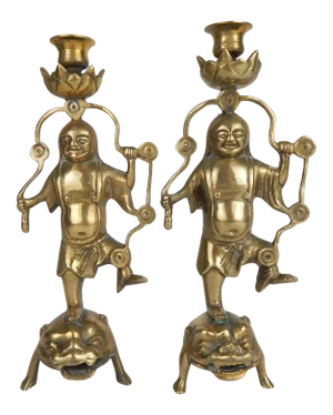 Asian Figurative Brass Candle Holders, Pair