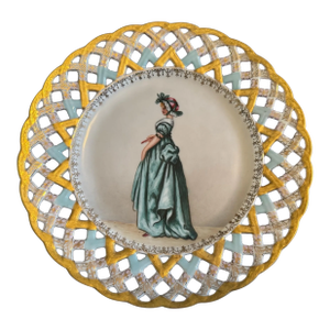 Antique French Victorian Hand Painted Gilt Decorated Portrait Plate Maiden in Light Blue Dress