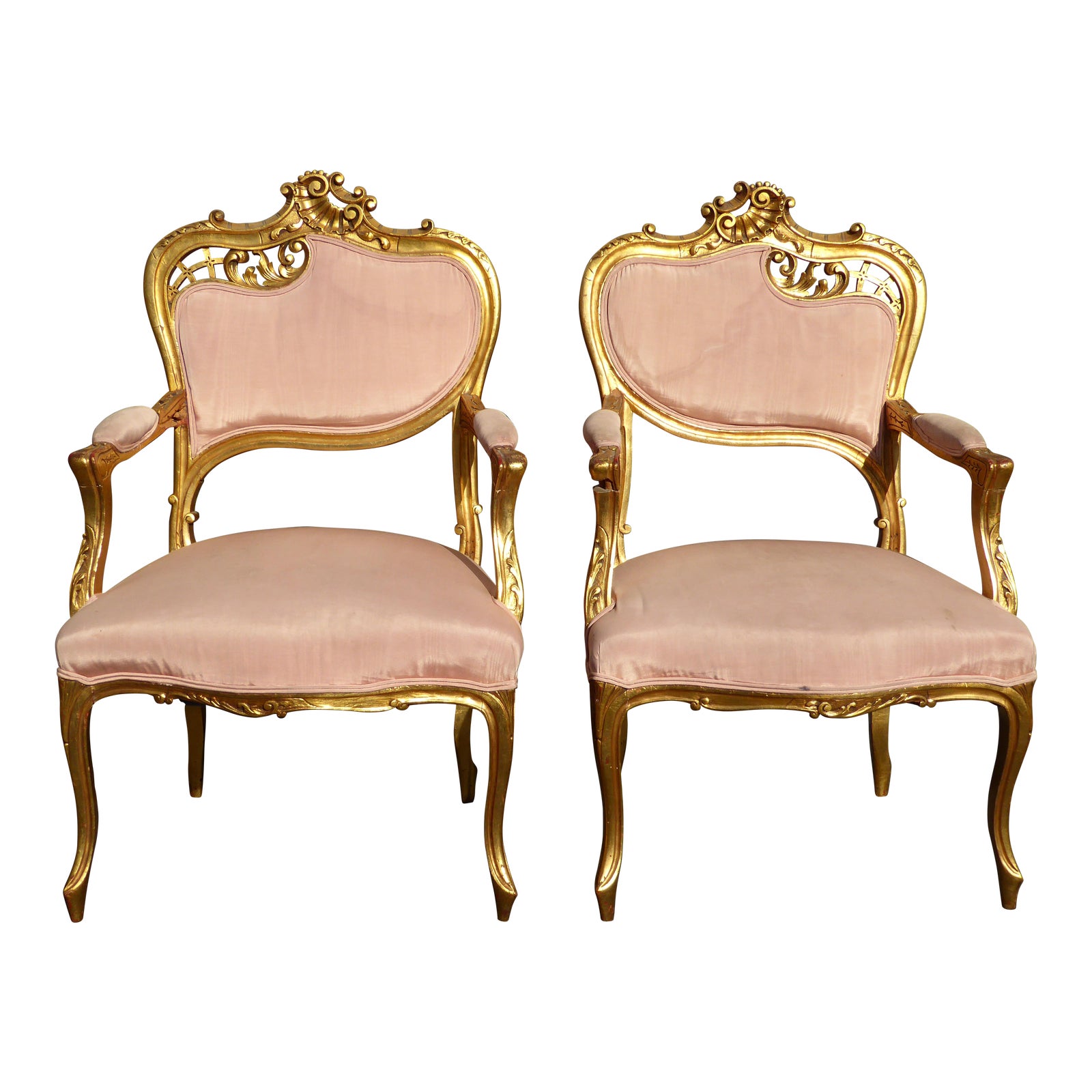 Vintage French Rococo/Louis XV Style Giltwood Accent Chairs A Pair