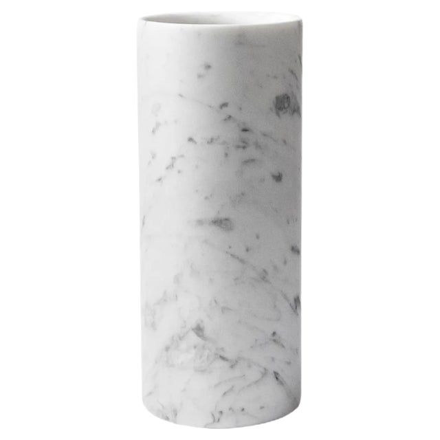 Cylindrical Satin White Carrara Marble Vase For Sale