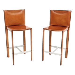 Vintage Italian Leather Bar Stools by Enrico Pellizzoni, 1980, Set of 2 For Sale