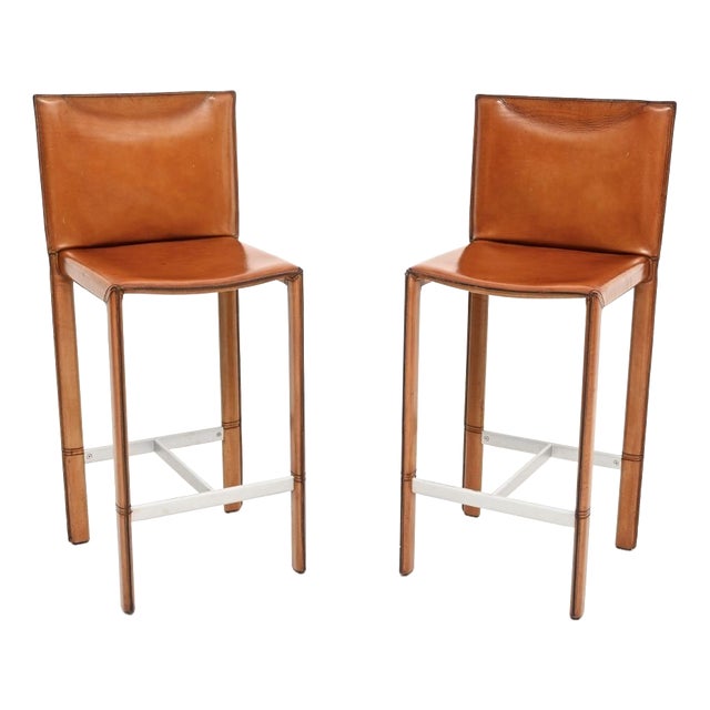 Vintage Italian Leather Bar Stools by Enrico Pellizzoni, 1980, Set of 2 For Sale