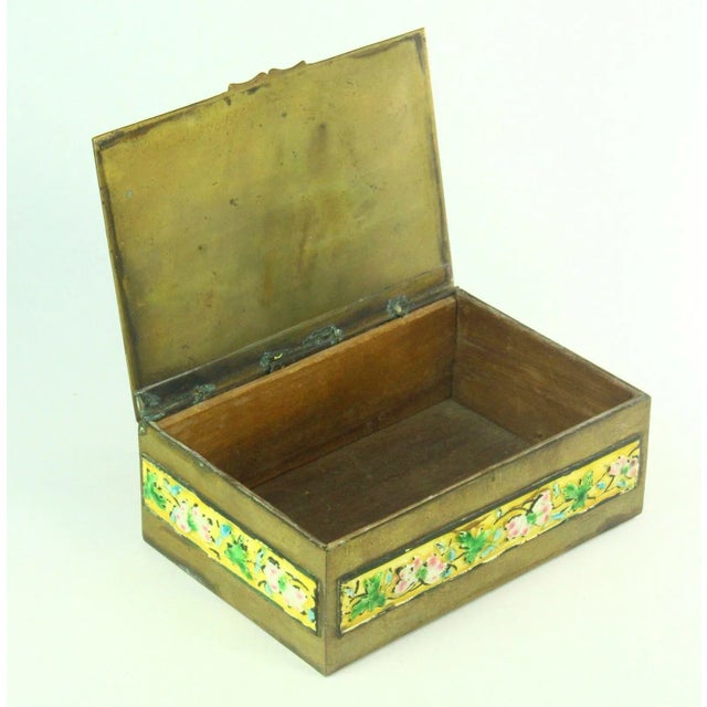Wood Chinese Polychrome Enameled Brass Box, Wood Lined W. Children Scene For Sale - Image 7 of 9