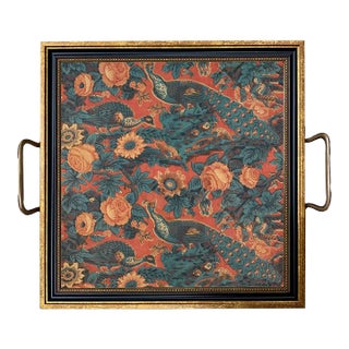 Peacock and Flower Decorative Tray With Brass Handles, 11-1/2" X 11-1/2" For Sale
