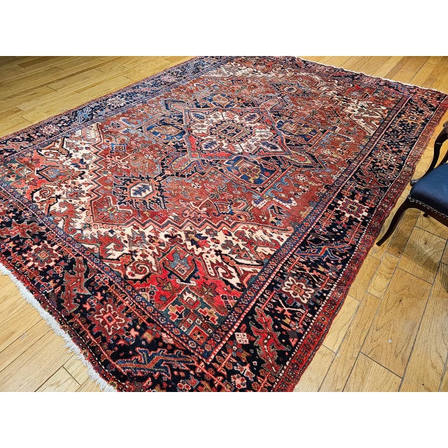 Red Antique Persian Heriz Karajeh Rug, Hand-Knotted Wool, Geometric Design, Brick & Navy, 9x12 For Sale - Image 8 of 10