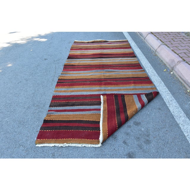 1960s Mid-Century Modern Striped Design Burgundy Turkish Vintage Wool Kilim Rug For Sale - Image 4 of 11