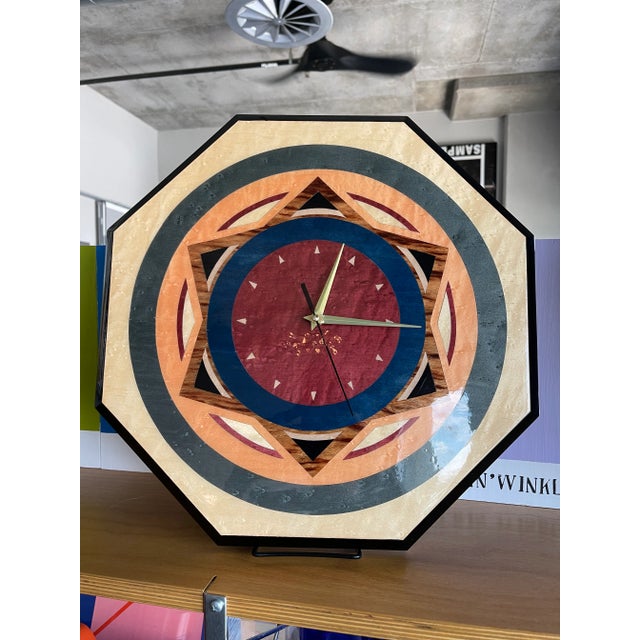 Mid-Century Modern 80s Valentino Italian Postmodern Inlaid Wood Marquetry Wall Clock Memphis Design Era For Sale - Image 3 of 12