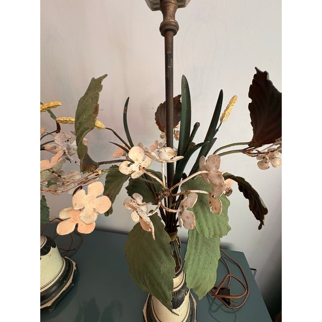 Shabby Chic Vintage Italian Tole Flower and Wheat Lamps, a Pair For Sale - Image 3 of 11