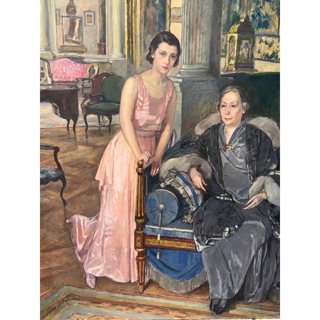 1930s Huge Painting, Salon with Mother and Daughter, Luigi Paolillo, 1933 For Sale - Image 5 of 11