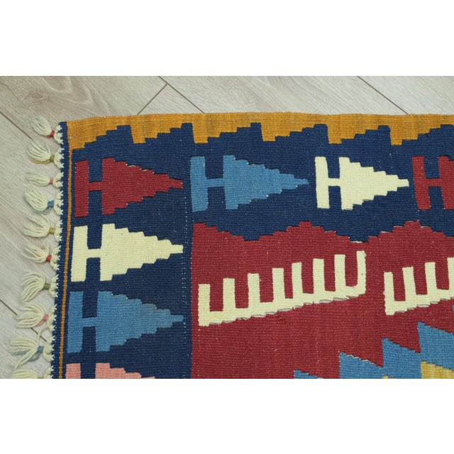 1970s Tribal Blue Ikat Kilim Runner Rug For Sale - Image 9 of 10