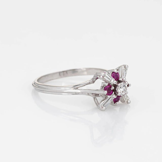 Modern Mid 20th Century Diamond Ruby Star Ring Vintage 18 Karat White Gold Fine Cocktail size 6.25 For Sale - Image 3 of 7