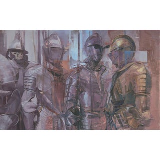 Parley (Diptych) by Elena Burykina | Oil on panel Depiction of armored figures in conversation. For Sale