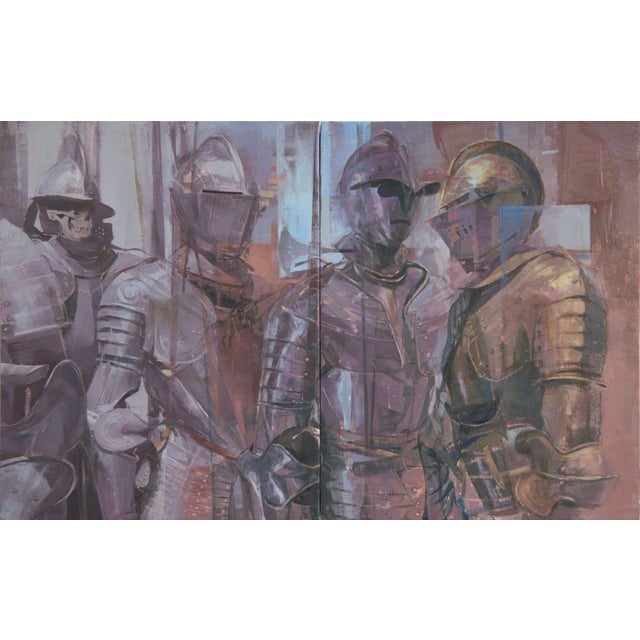 Parley (Diptych) by Elena Burykina | Oil on panel Depiction of armored figures in conversation. For Sale