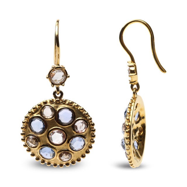 Contemporary 18K Yellow Gold 1 2/3 Cttw Diamond and Blue Sapphire Bezel Set Gemstone Cluster Medallion Dangle Earrings, A Pair For Sale - Image 3 of 4