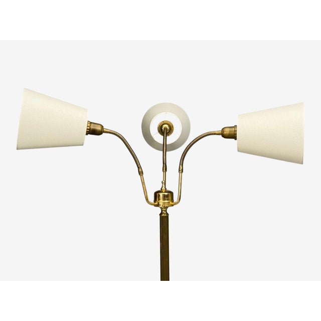 1970s Swedish Modern, Three Light Floor Lamp, Reeded Brass, Fabric, Sweden For Sale In New York - Image 6 of 13