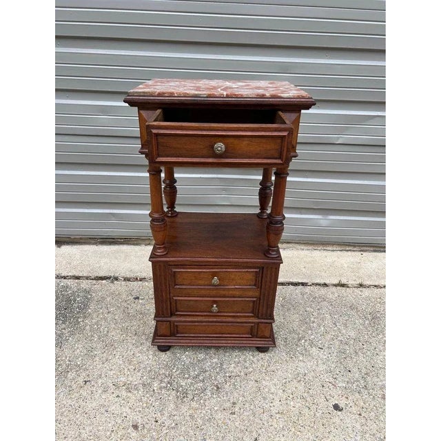 Wood Early 20th Century Antique Solid Walnut Marble Top Side Table For Sale - Image 7 of 11