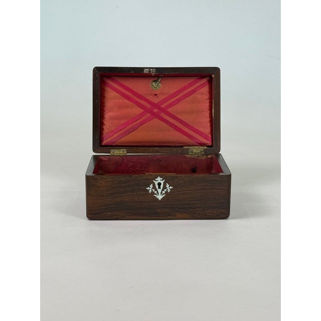 Rosewood Box With Delicate Mother of Pearl Detail With Key For Sale - Image 4 of 5