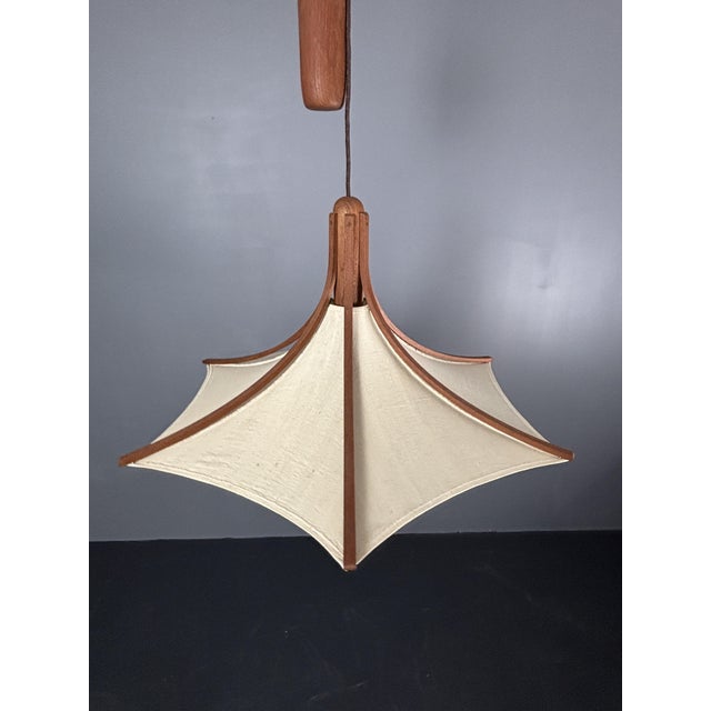 Teak and Linen Umbrella Pendant Lamp attributed to Domus, 1970s For Sale - Image 6 of 15