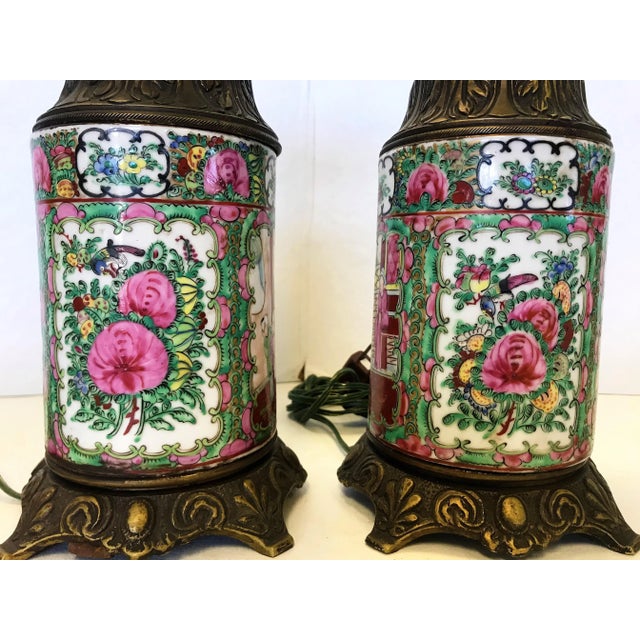 Early 20th Century Early 20th Century Antique Asian Chinoiserie Style Hand Painted Porcelain and Bronze Oil Lamps Converted to Electric - a Pair For Sale - Image 5 of 13