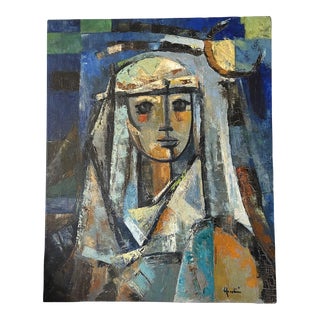 Mid 20th Century Original Cubist Portrait Oil Painting of a Woman in a Veil For Sale