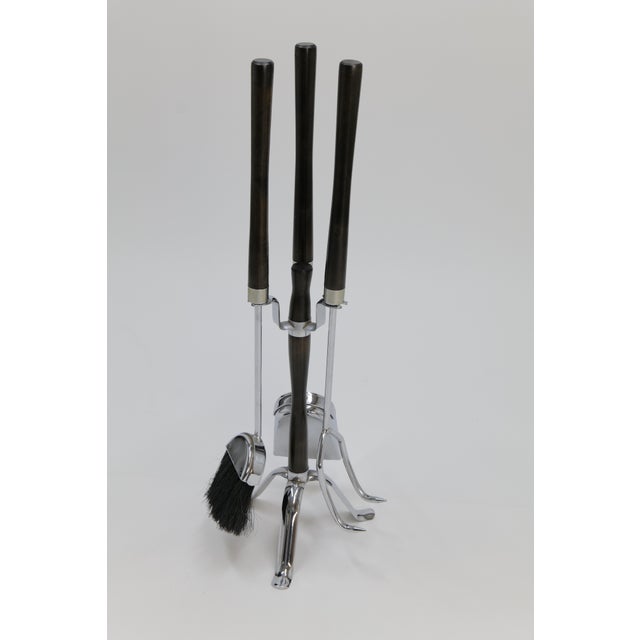 1970s Mid Century Chrome and Wood Fireplace Tools For Sale - Image 5 of 17