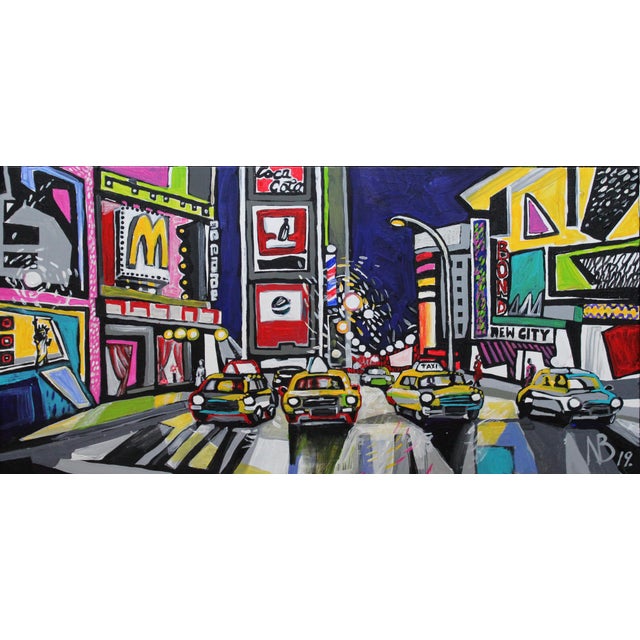 "Times Square" Acrylic Painting by Natalia Bessonova Bold Contemporary 24x12 Patterns Nyc Taxi For Sale