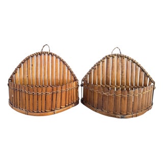 Vintage Split Bamboo Wall Baskets With Scalloped Form, Pair For Sale
