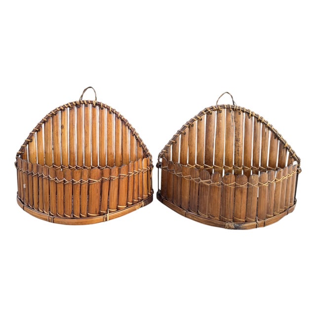 Vintage Split Bamboo Wall Baskets With Scalloped Form, Pair For Sale