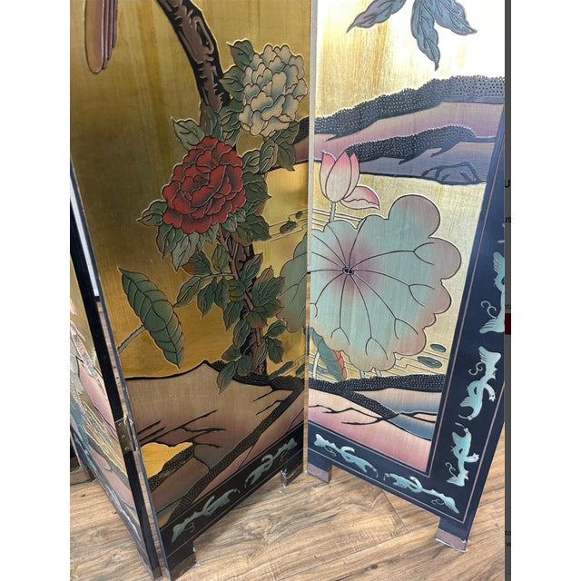 Vintage Asian Gold Four Panel Screen Room Divider Coromandel W Garden & Birds For Sale In Los Angeles - Image 6 of 8