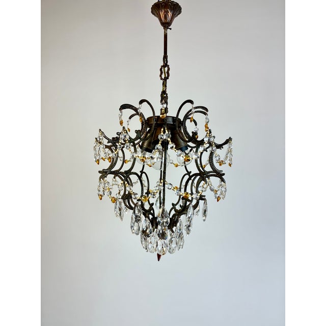 Art Nouveau Vintage 1960s Bronze Crystal Amber Chandelier – 3 Light For Sale - Image 3 of 13