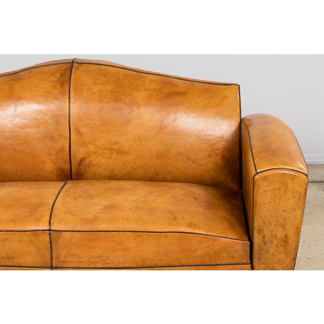 1920s 1920s French Art Deco Cognac Leather Club Sofa For Sale - Image 5 of 18