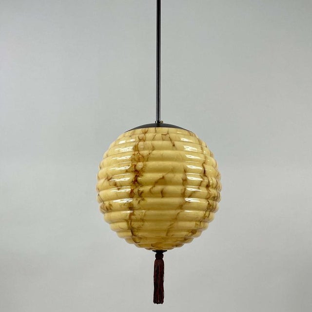 Opaline Glass and Burnished Brass Beehive Ball Pendant, Germany, 1930s For Sale - Image 11 of 18