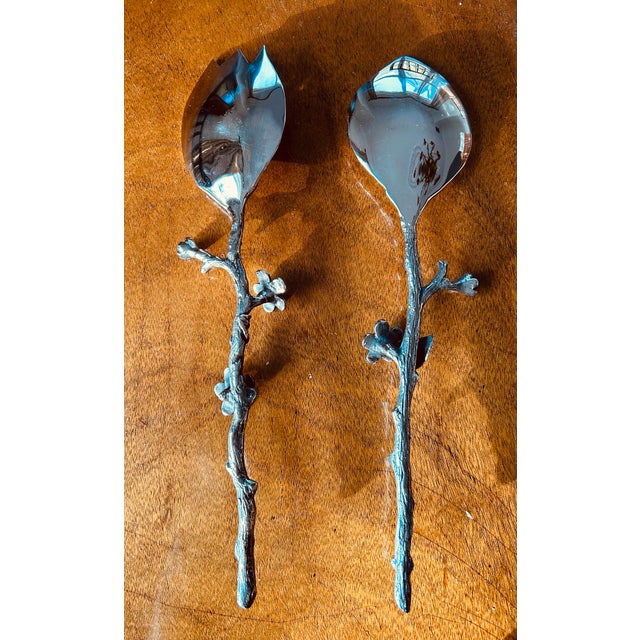 Beautiful Faux Branch With black glass flowers salad serving pair. Spoon and fork are 13” long and 3” wide